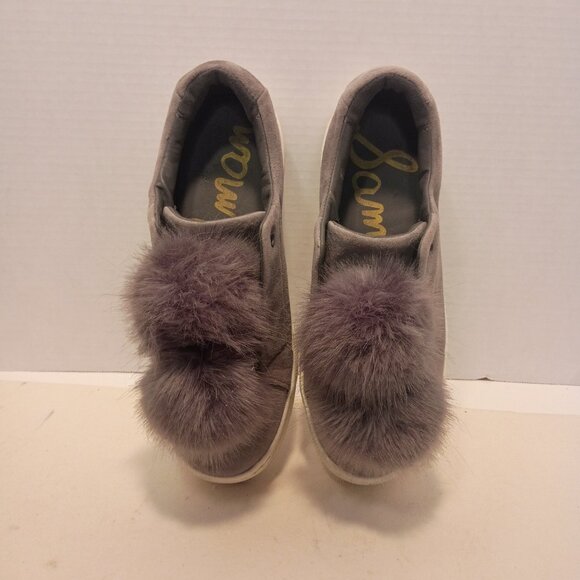 SAM EDELMAN Leya Sz 7.5US/37.5EU Gray Suede Faux Fur Pompoms Stringless Sneaker - Picture 2 of 12
